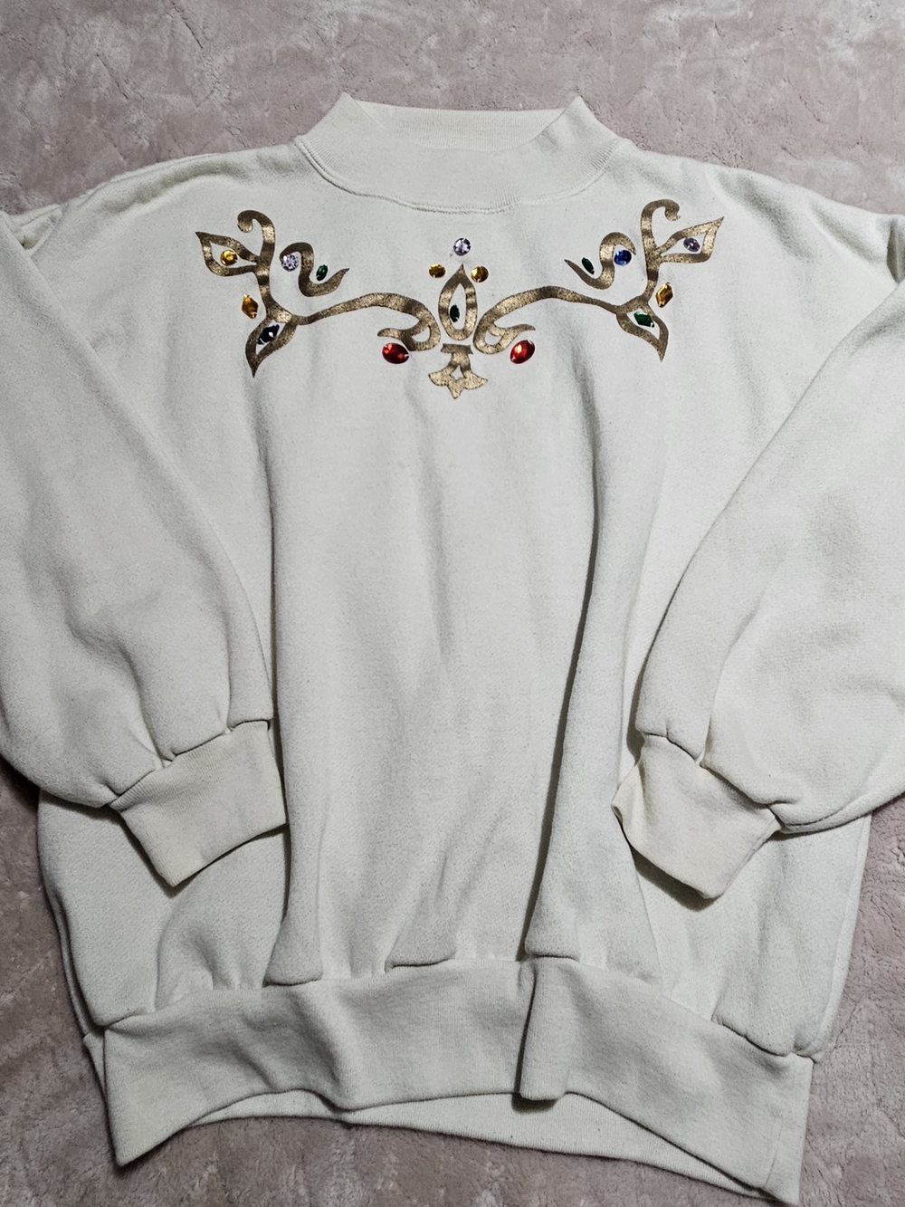 Vintage Cream Jewel-Embellished Pullover Sweatshirt